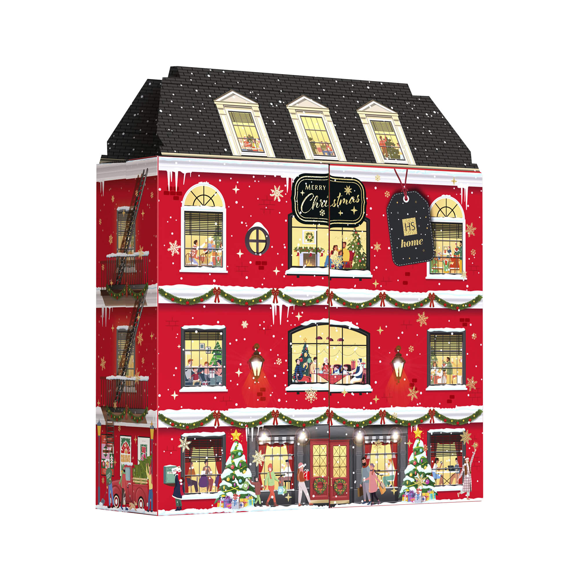 HISKIN MERRY CHRISTMAS HOME Advent calendar with Christmas candles with a tenement house motif, 24 windows