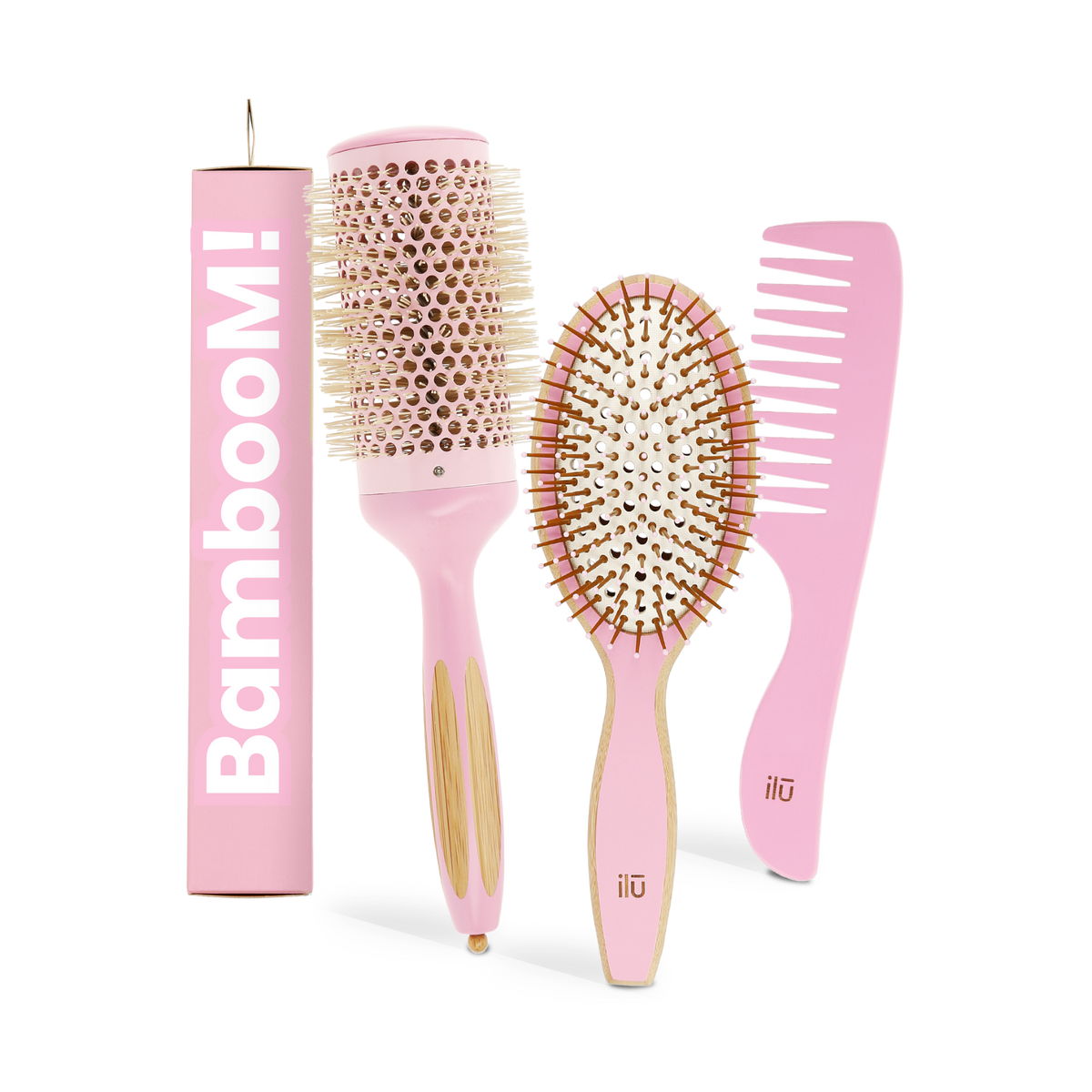 ilū BAMBOOM! Coffret PINK FLAMINGO – brosse démêlante, brosse coiffante 52 mm et peigne