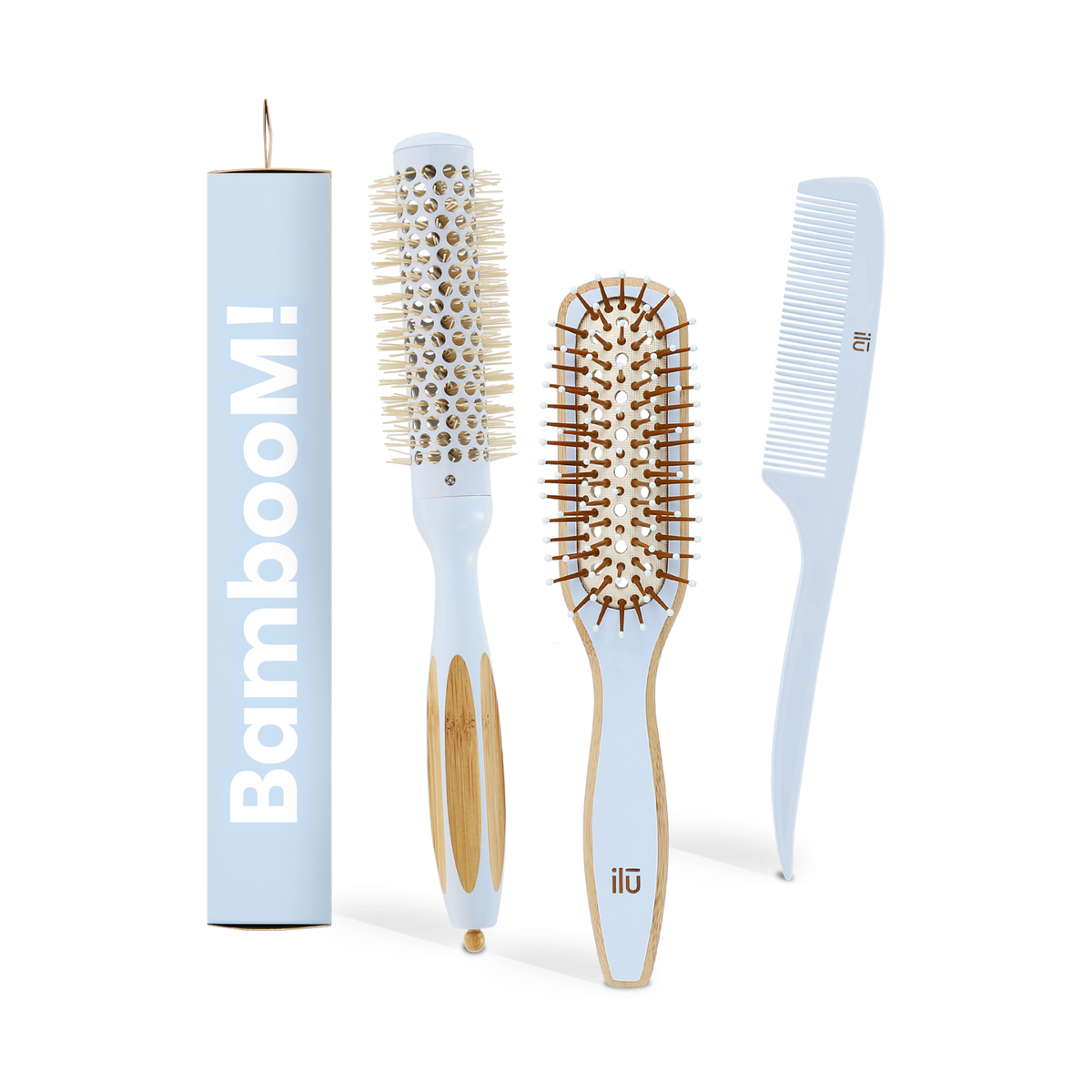 ilū BAMBOOM! TRUE BLUE Set - brosse démêlante, brosse coiffante 25 mm et peigne