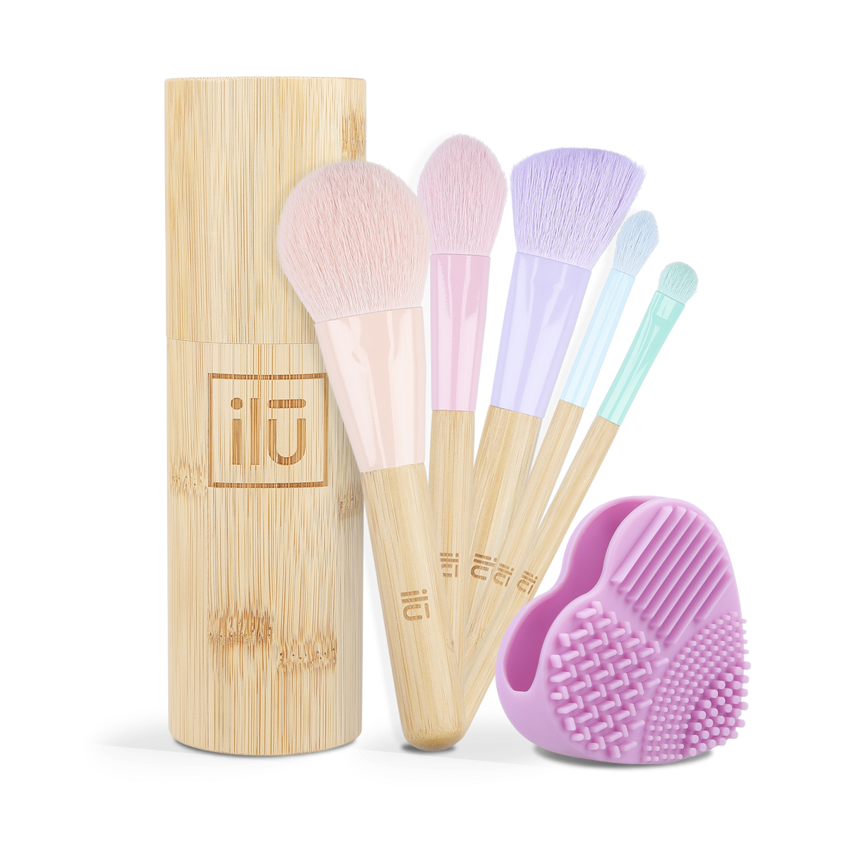 ilū BAMBOOM! Coffret – 5 pinceaux de maquillage dans un tube en bambou + nettoyant pour pinceaux