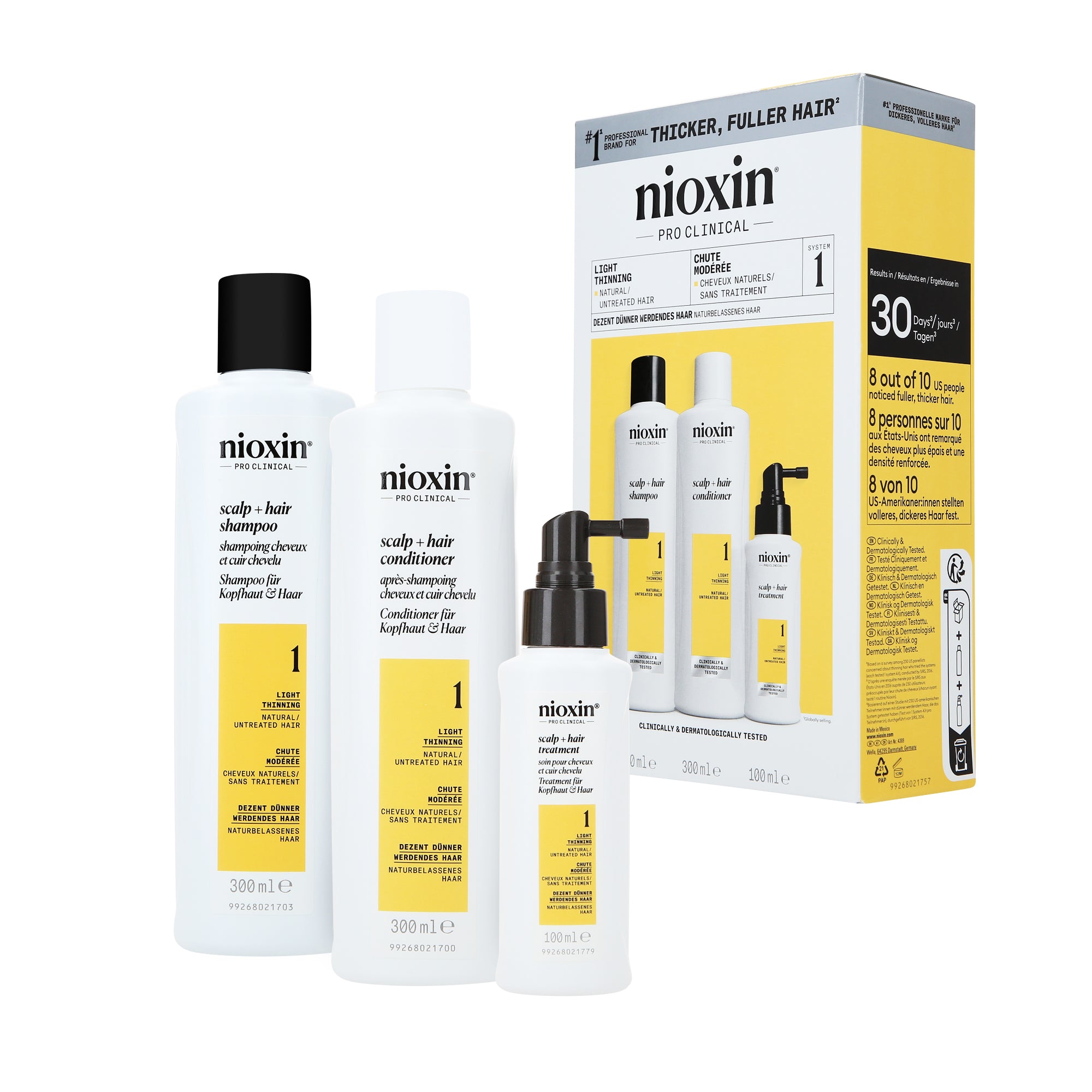 NIOXIN PRO CLINICAL SYSTEM 1 Set pour cheveux naturels et légèrement clairsemés 2x300 ml + 100 ml