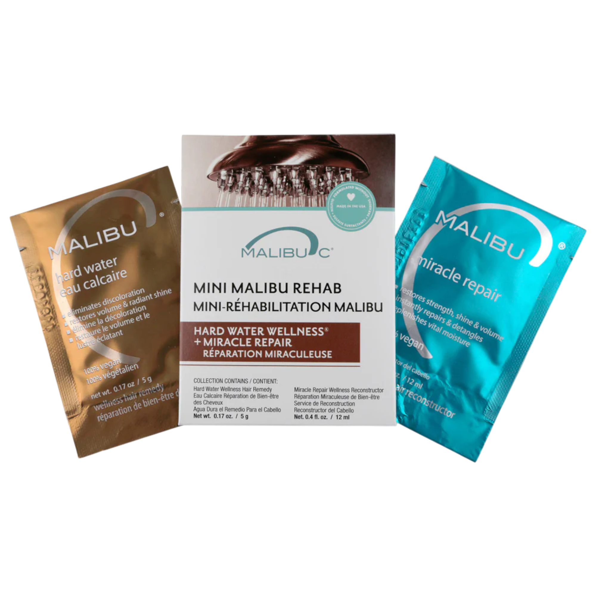 MALIBU C MINI MALIBU REHAB HARD WATER WELLNESS Coffret nettoyant et régénérant contre les dépôts d'eau dure 5 g + 12 ml