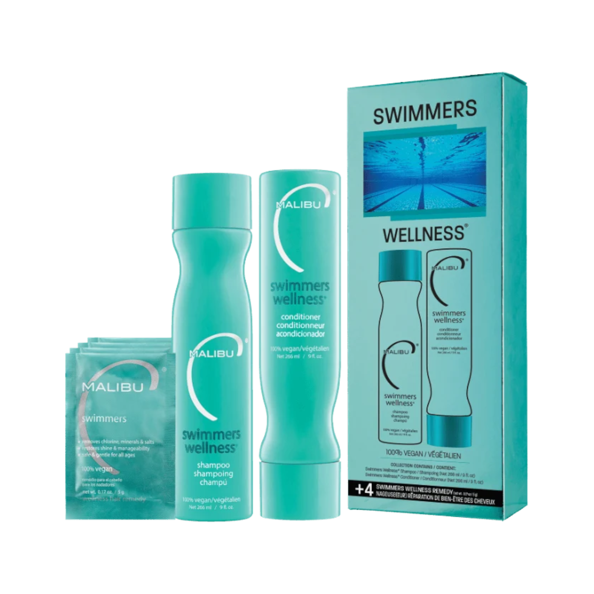 MALIBU C SWIMMERS WELLNESS COLLECTION Coffret pour éliminer le chlore et les sédiments des cheveux après la baignade 2 x 266 ml + 5 g