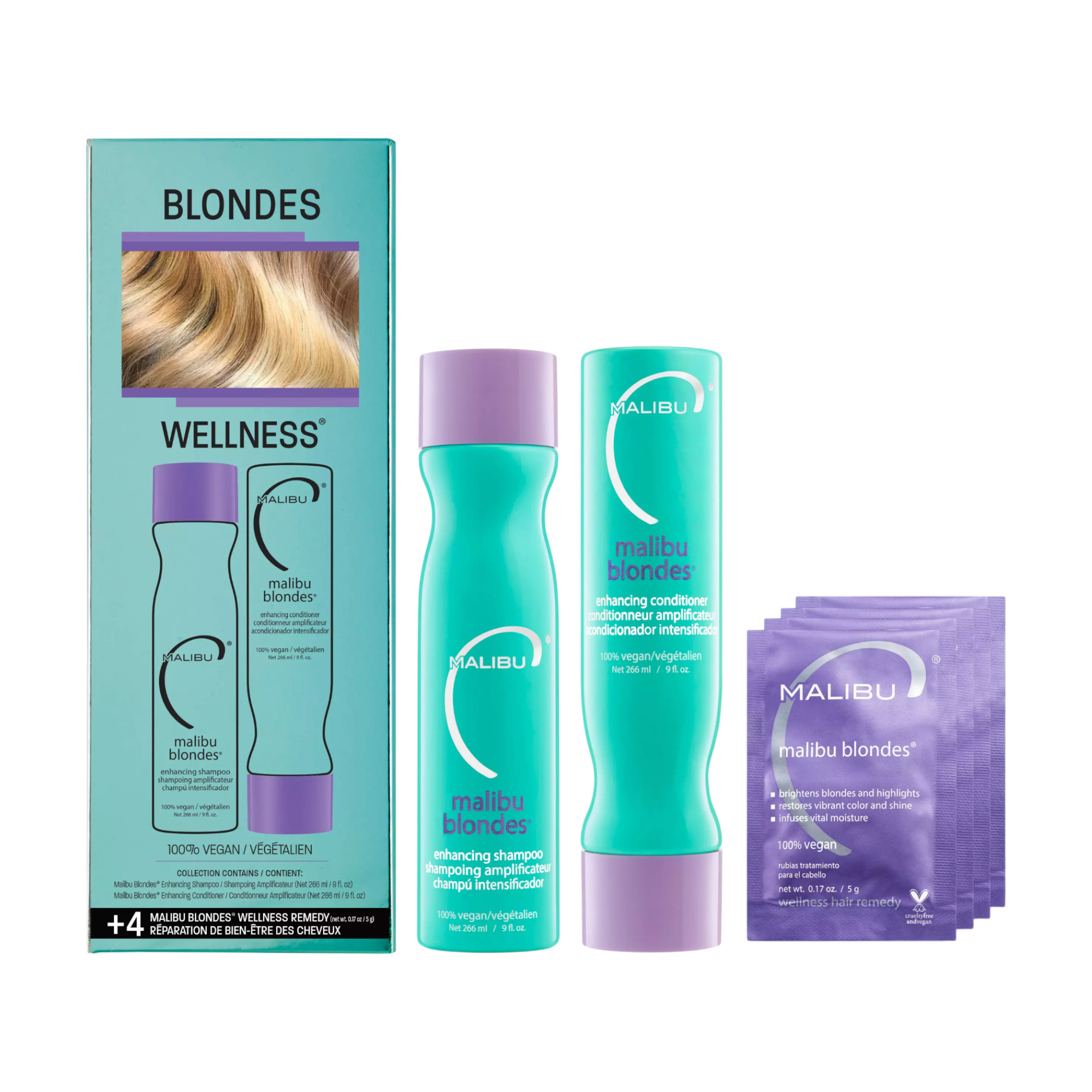 MALIBU C BLONDES WELLNESS COLLECTION Coffret professionnel pour cheveux blonds avec traitement chélateur 2 x 266 ml + 4 x 5 g