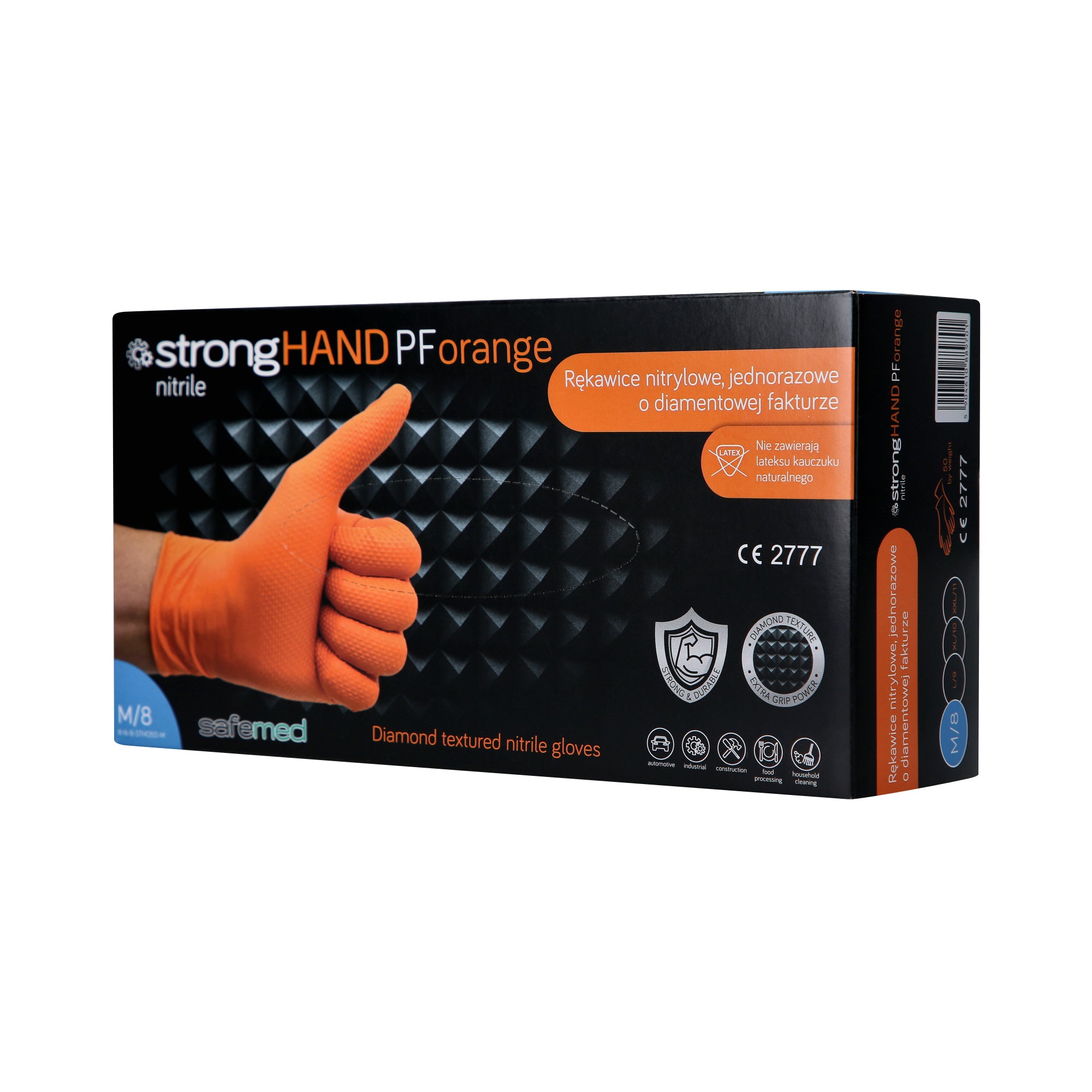 SAFEMED STRONG HAND PF Strong disposable nitrile gloves with diamond texture Orange M 50 pcs.