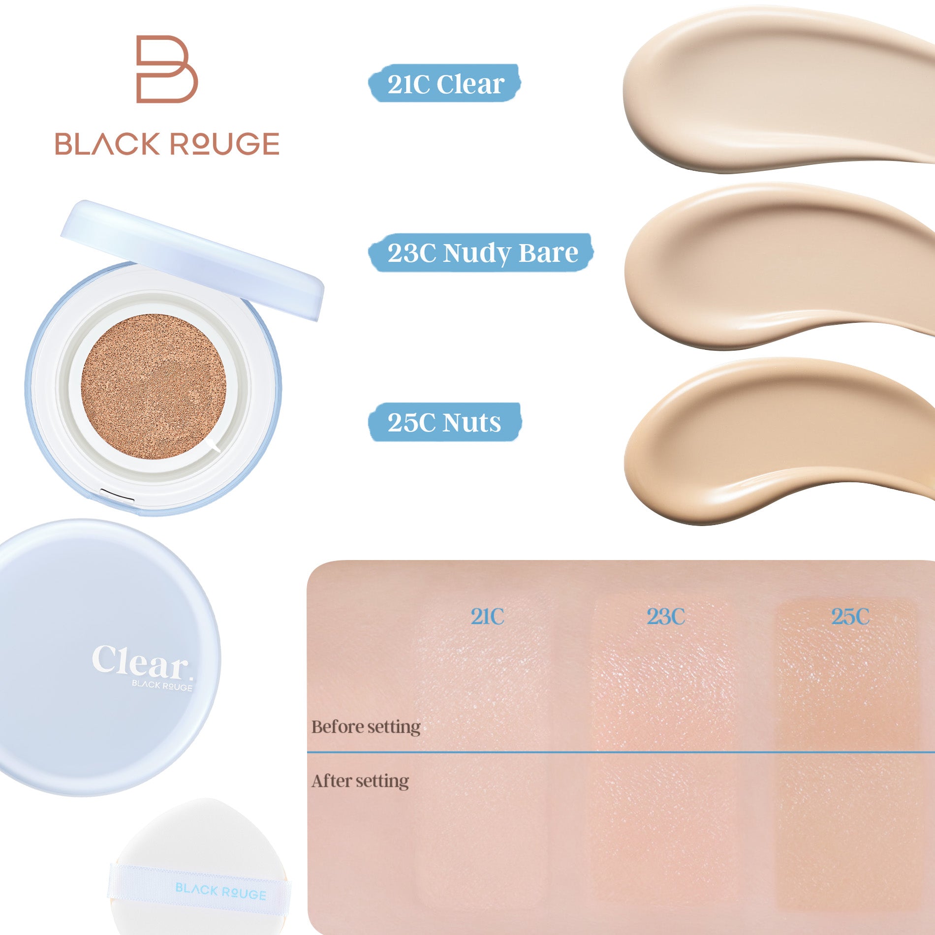 BLACK ROUGE Thin Layer Clear Cushion Vegane Foundation mit transparentem Glow und leichter Deckkraft, LSF 50+ PA++++, 14 g
