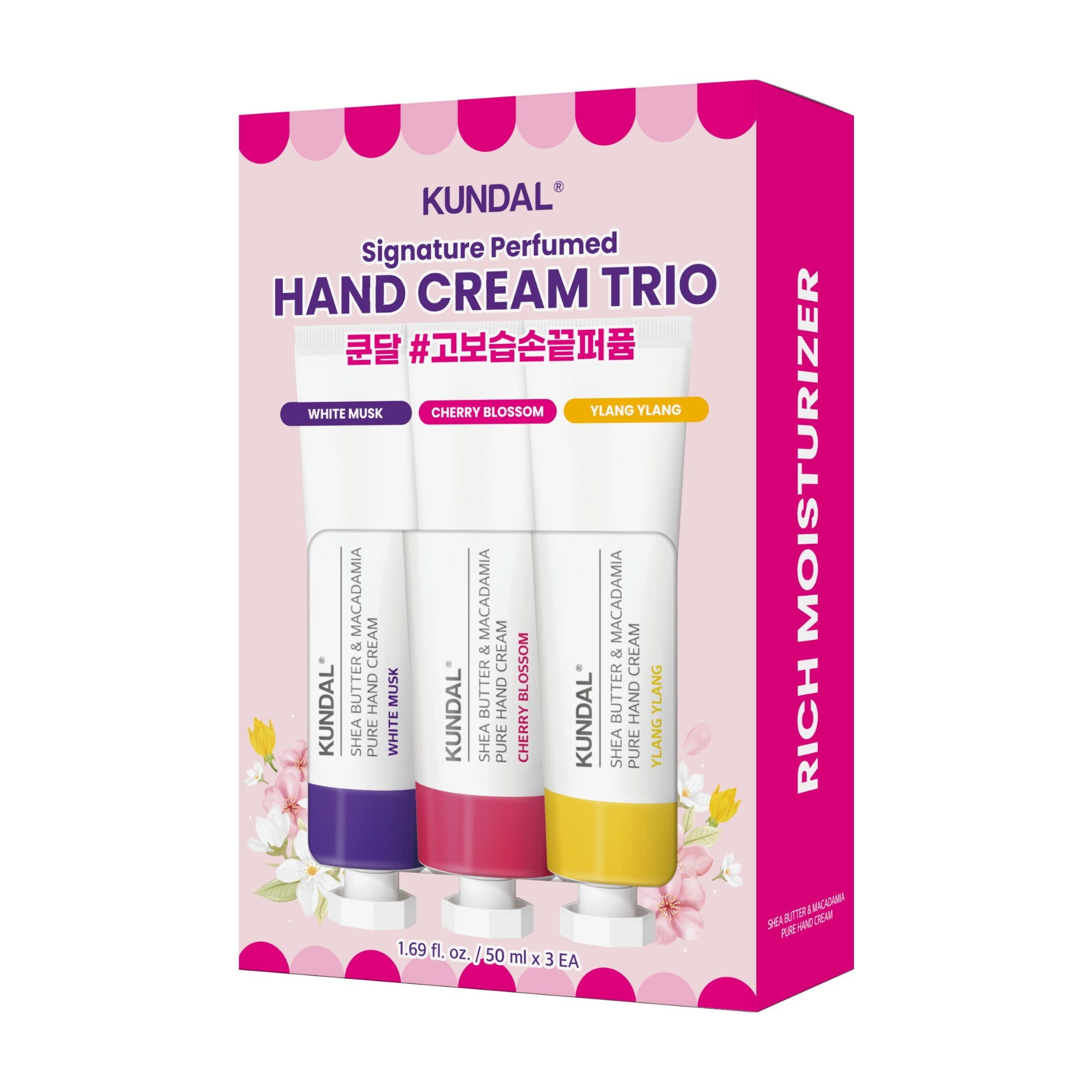 KUNDAL KARITÉ & MACADAMIA Coffret de crèmes mains hydratantes Musc Blanc Fleur de Cerisier Ylang-Ylang 3 x 50 ml