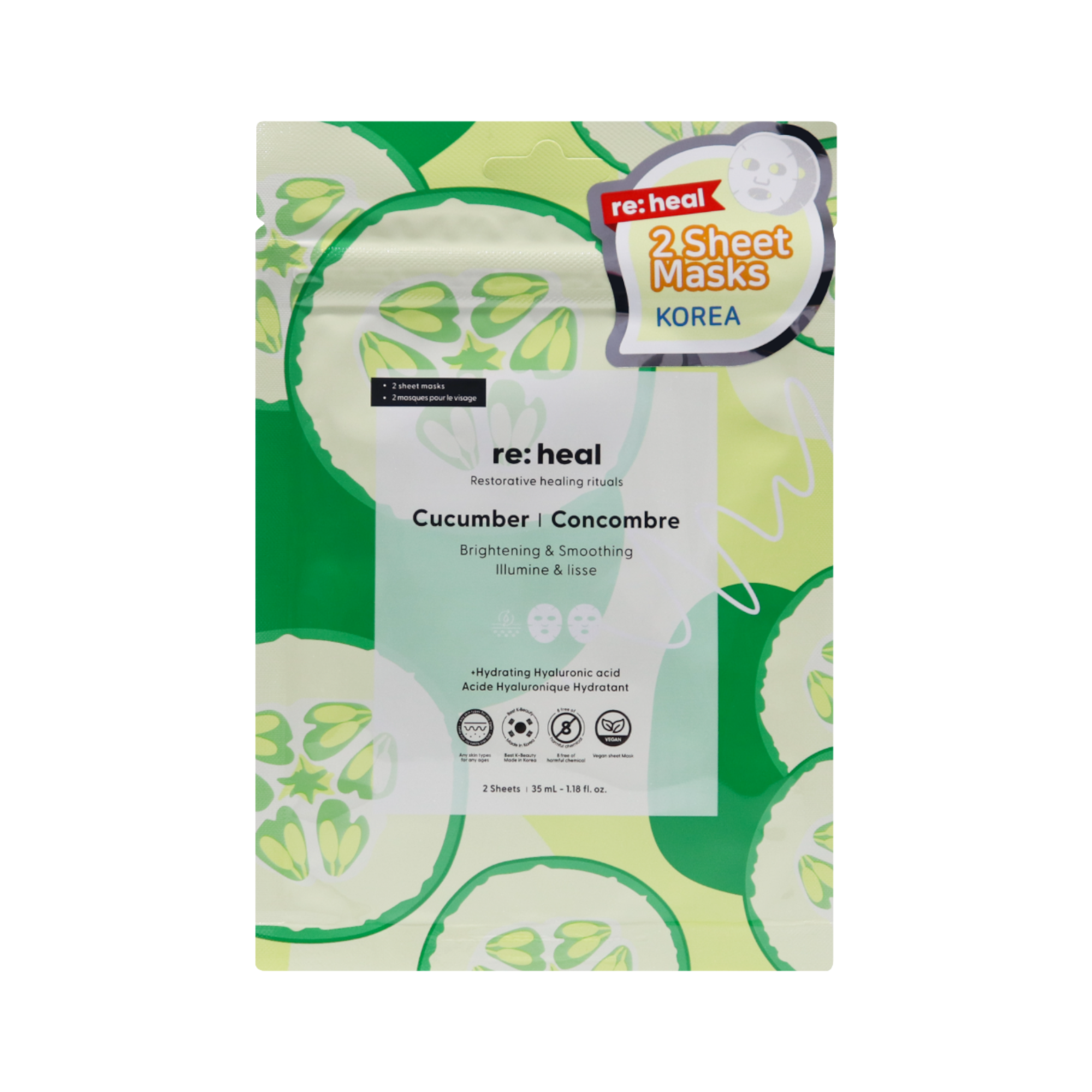 RE:HEAL CUCUMBER Plechová maska ​​– rozjasňující a vyhlazující 35 ml (2 ks)