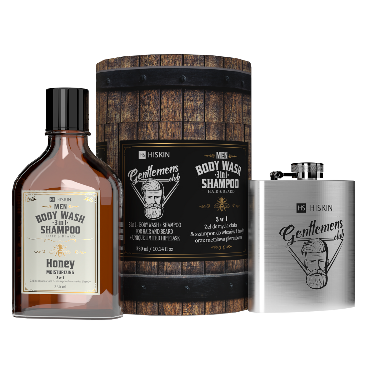 HISKIN MEN Coffret homme, Gel douche Whisky + flasque dans un packaging forme tonneau (Flask Barrel Set)
