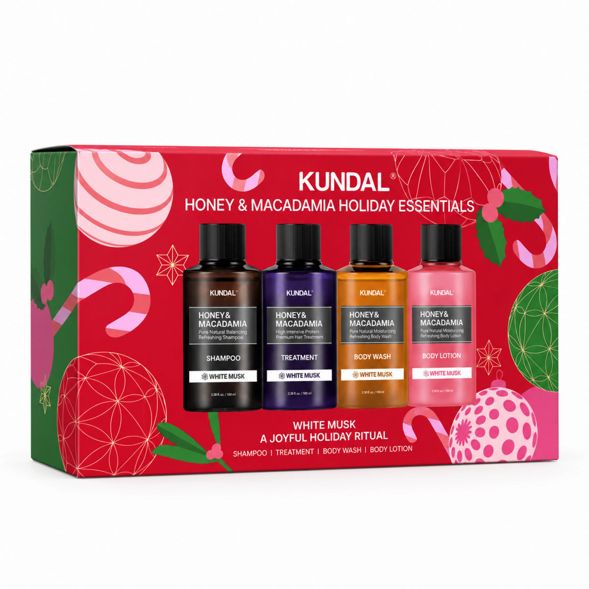 KUNDAL HONEY & MACADAMIA HOLIDAY ESSENTIALS Świąteczny zestaw mini kosmetyków do włosów i ciała 4 x 100 ml