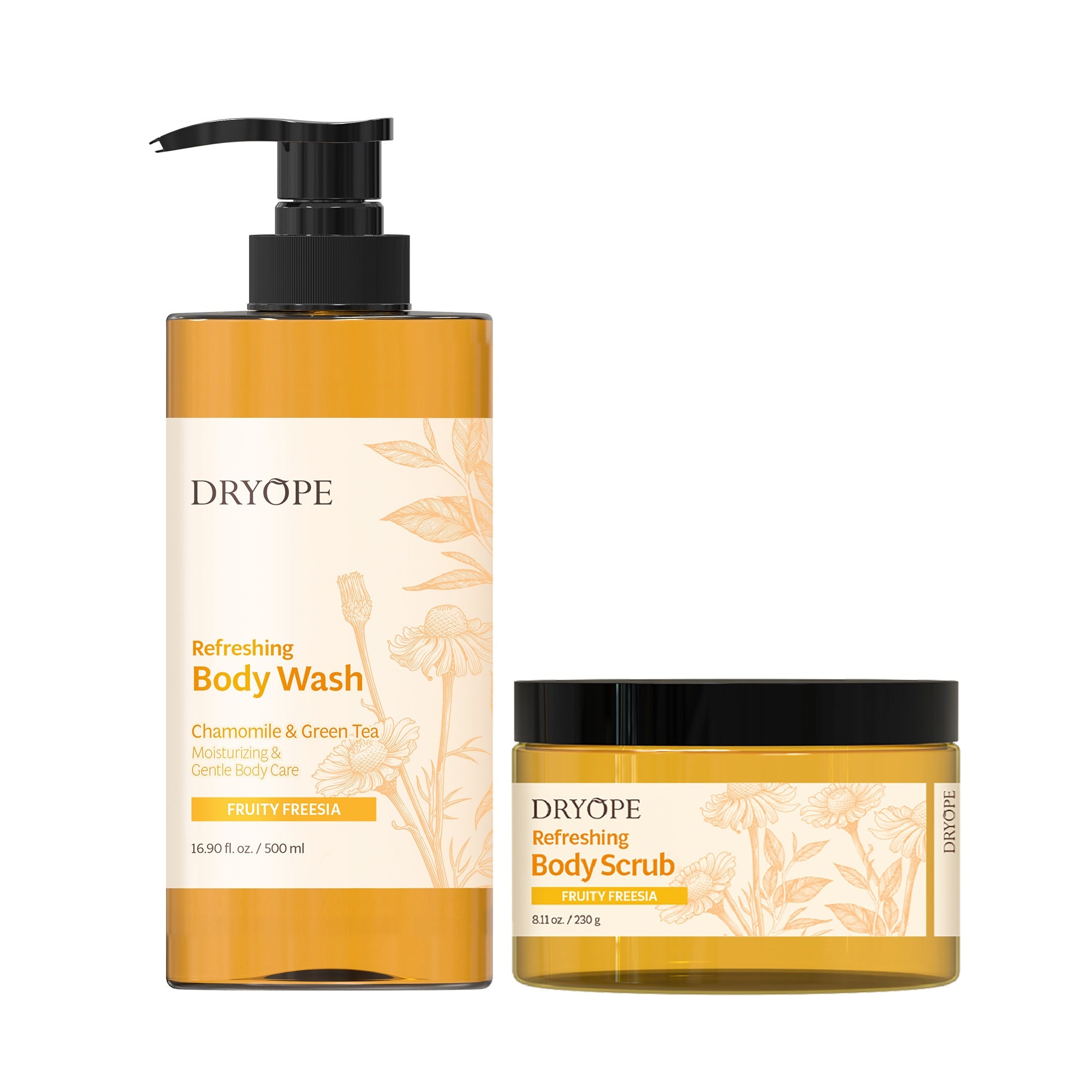 DRYOPE FRUITY FREESIA Set, Veganes Duschgel 500 ml + Pflegendes Körperpeeling 230 g