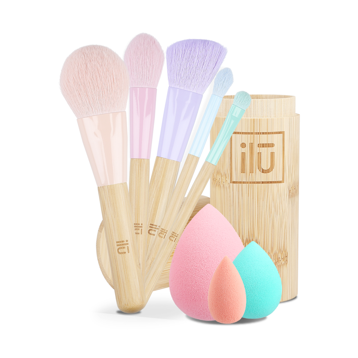 ilū BAMBOOM! Coffret – 5 pinceaux de maquillage dans un tube en bambou + 3 éponges de maquillage