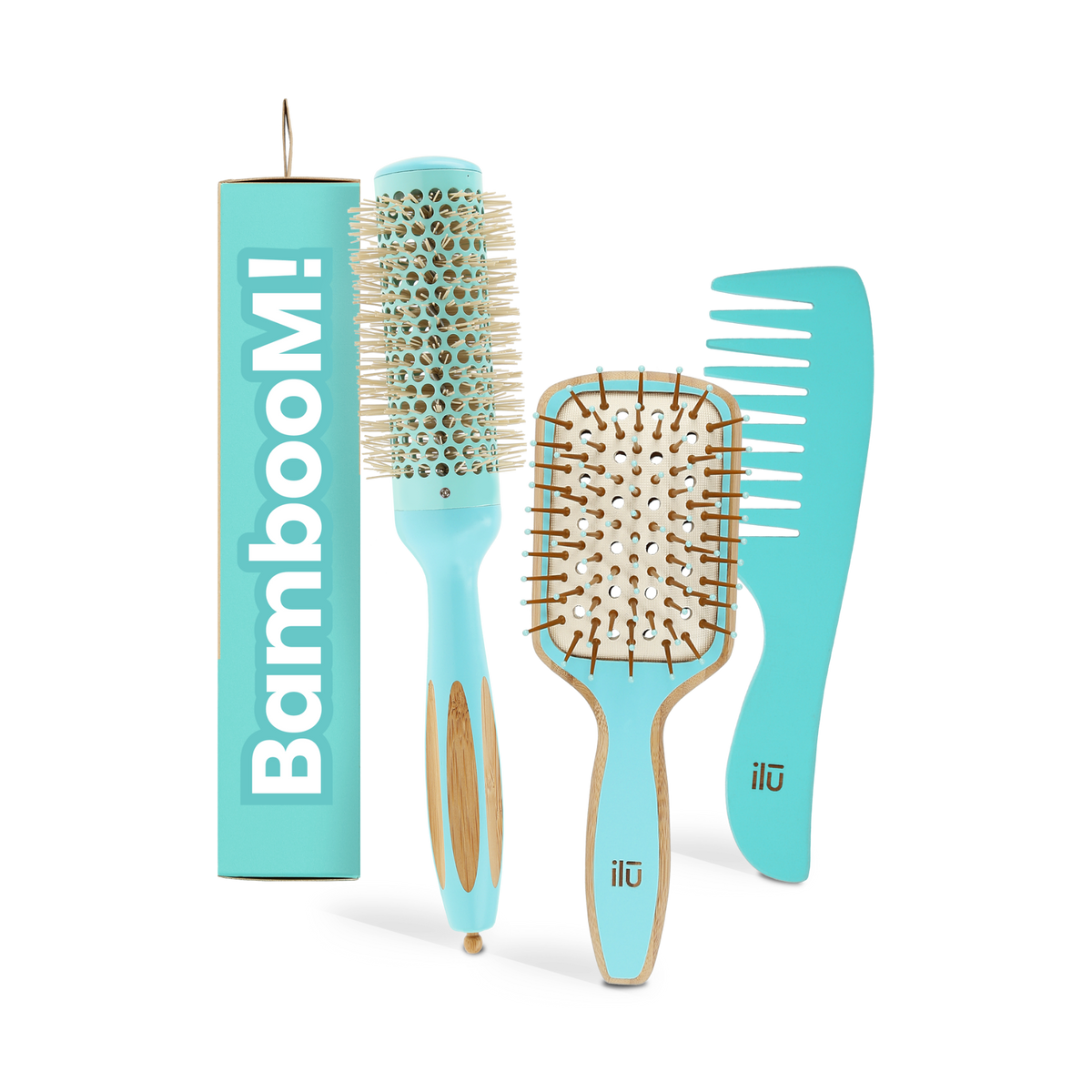 ilū BAMBOOM! Coffret OCEAN BREEZE - brosse démêlante, brosse coiffante 35 mm et peigne
