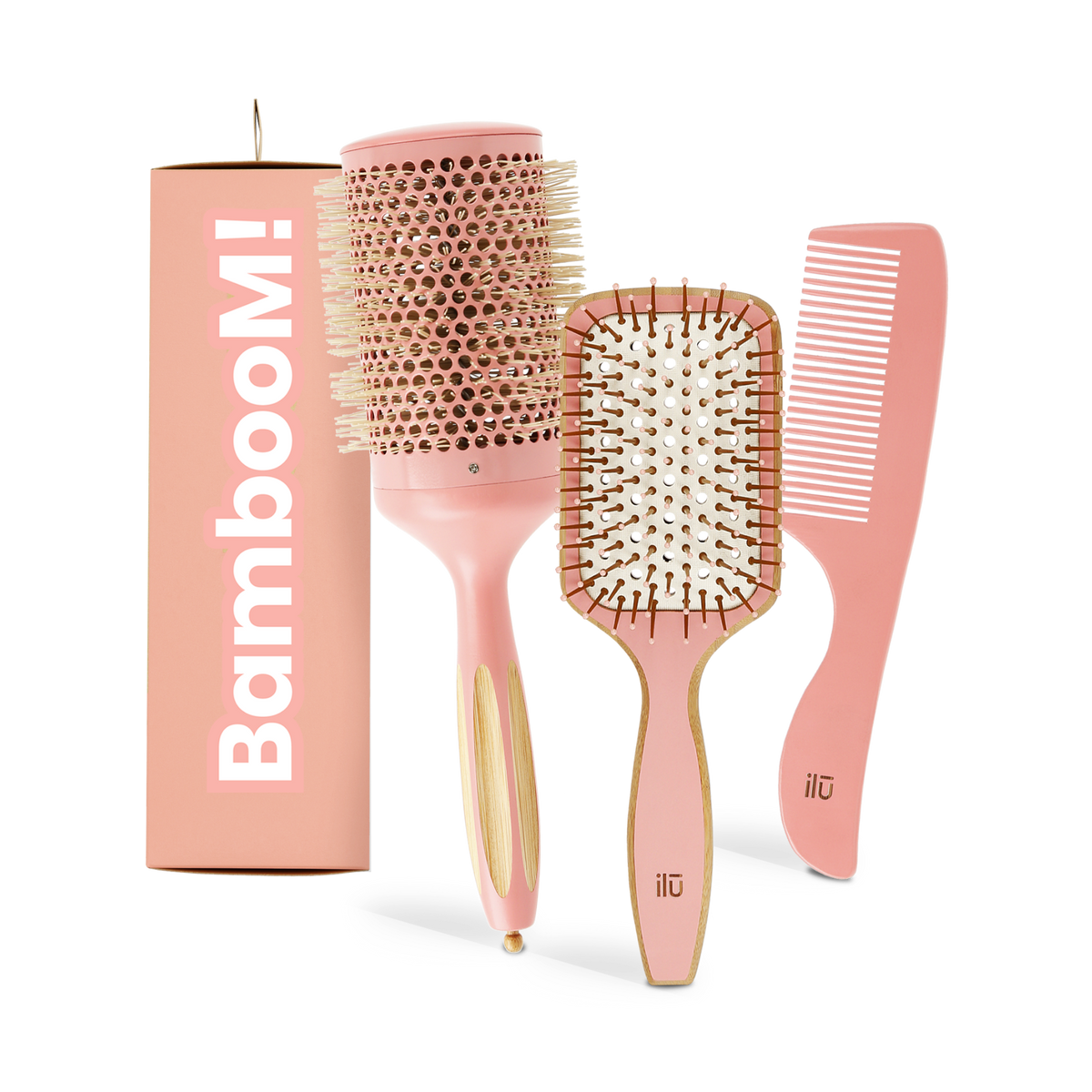 ilū BAMBOOM! Coffret SWEET TANGERINE – brosse démêlante, brosse coiffante 65 mm et peigne