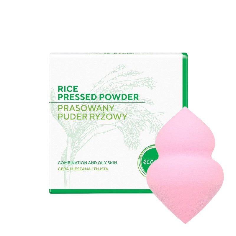 ECOCERA Poudre de riz pressée pour peaux grasses et mixtes 10 g + Éponge de maquillage MIMO à deux embouts, Rose clair