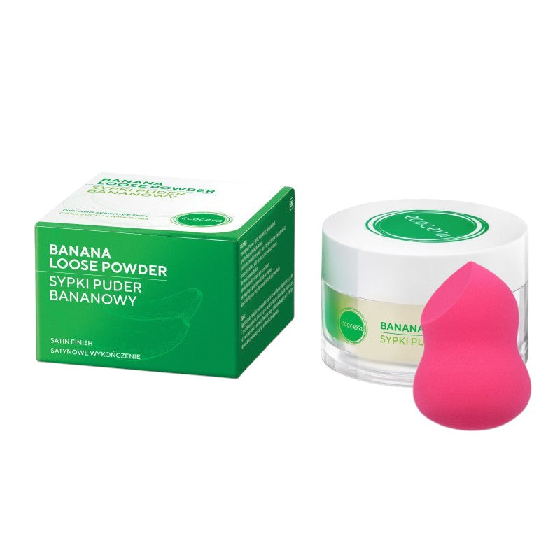 ECOCERA Poudre libre de banane pour peaux sèches et sensibles 8 g + Éponge de maquillage MIMO, Coupe poire, Rose