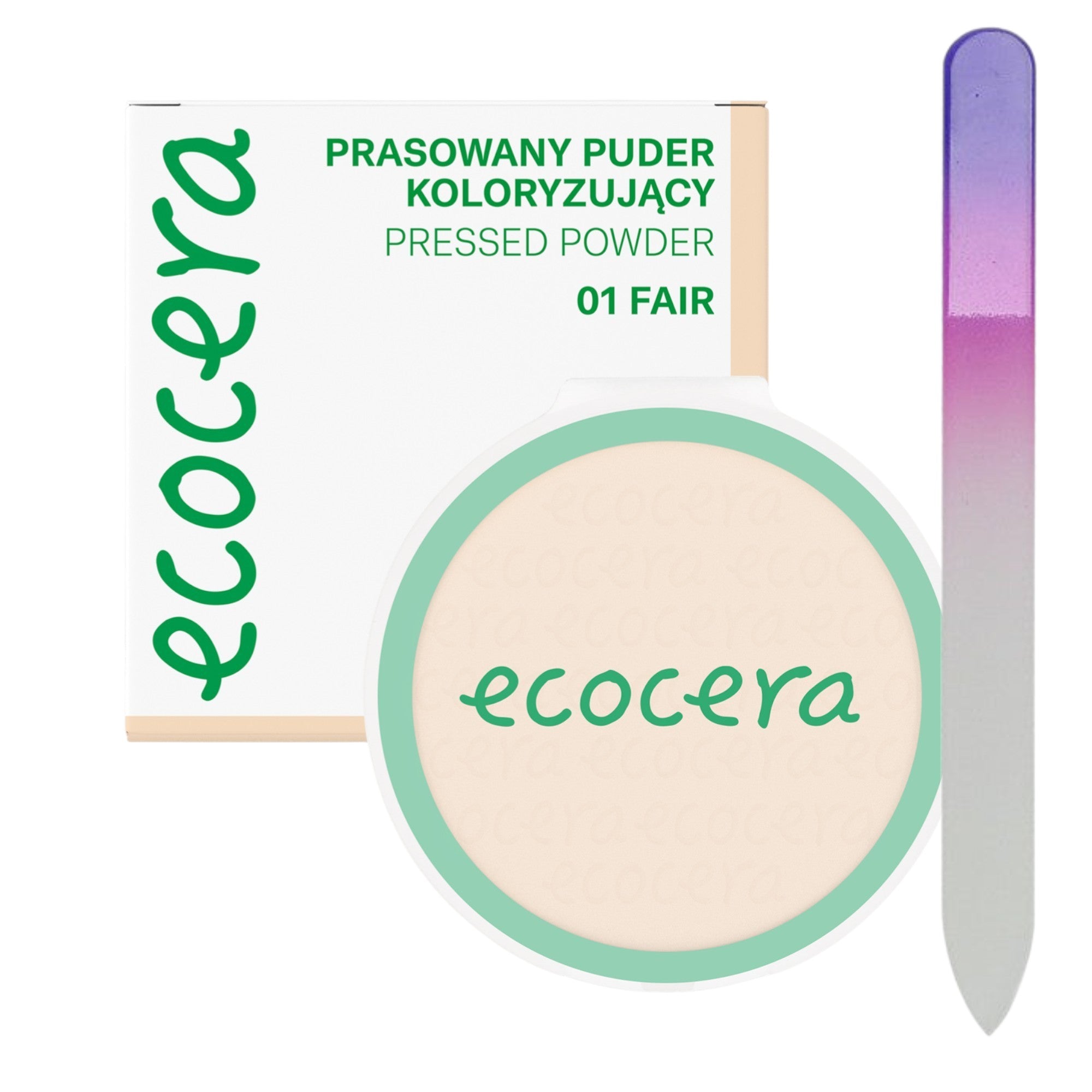 POUDRE PRESSÉE ECOCERA Poudre pressée pour le visage, Fair 10 g + Lime à ongles en verre MIMO, Imprimé arc-en-ciel