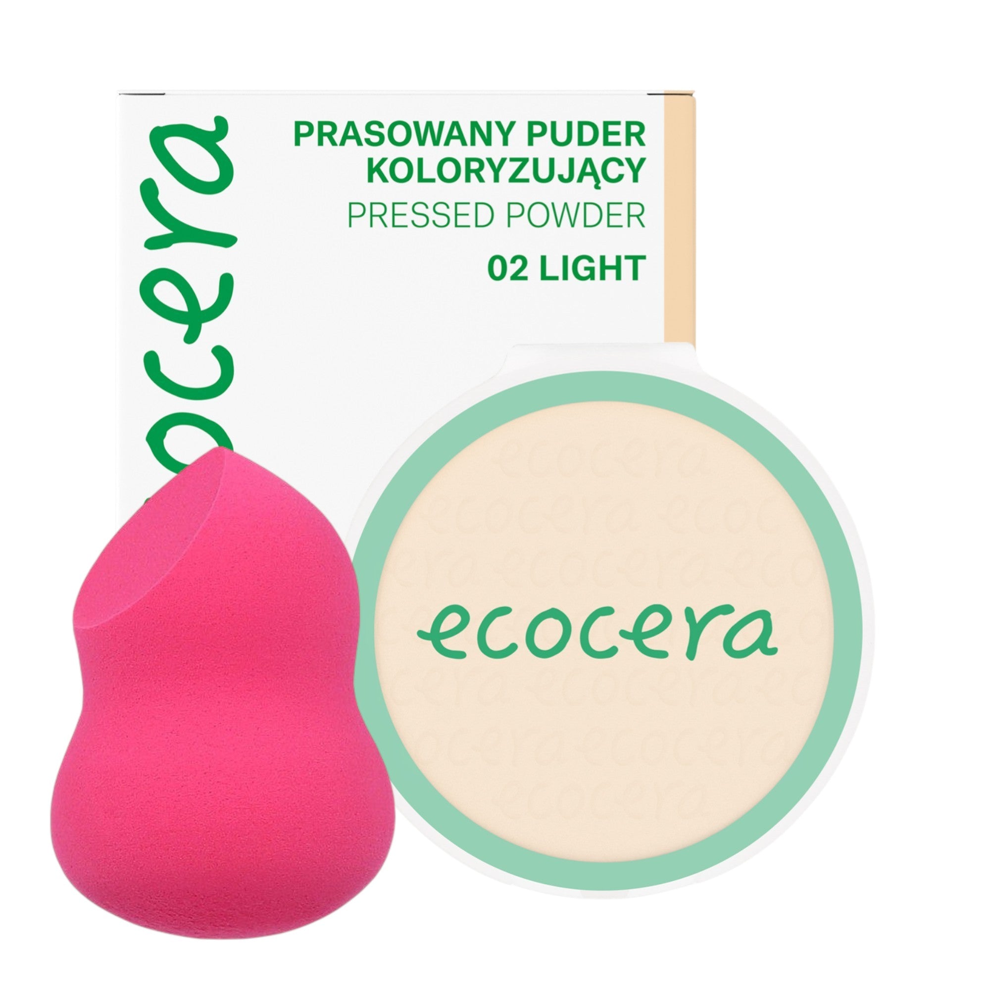 ECOCERA PRESSED POWDER Poudre compacte visage, Légère 10 g + Éponge à maquillage MIMO, Coupe poire, Rose