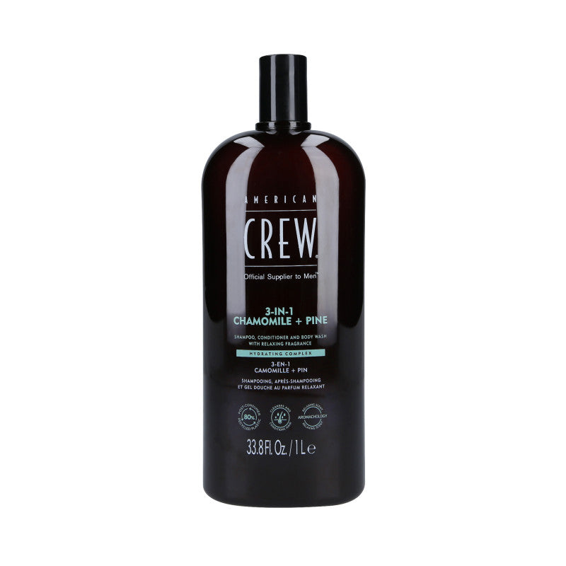 AMERICAN CREW 3-IN-1 Shampoing, après-shampooing et gel douche, Trois en un au parfum de camomille et de pin 1000ml