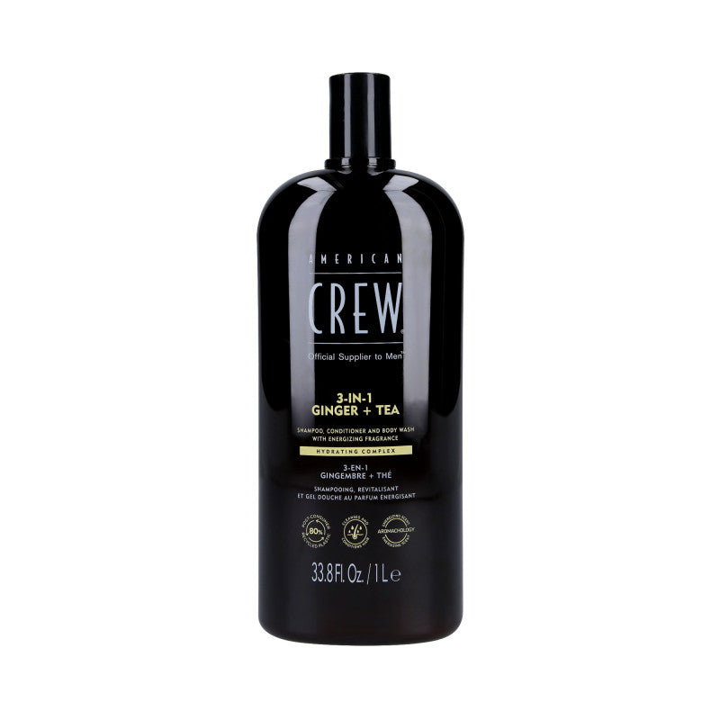 AMERICAN CREW 3-IN-1 GINGER&TEA Shampoing, après-shampooing et gel douche, Trois en un au parfum de gingembre et de thé 1000ml