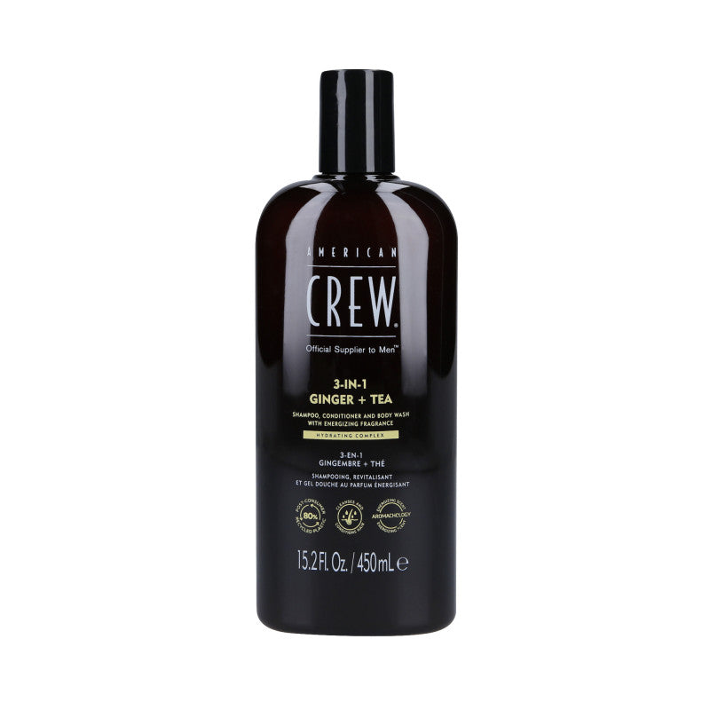AMERICAN CREW 3-IN-1 GINGER&TEA Shampoing, après-shampooing et gel douche, Trois en un au parfum de gingembre et de thé 450ml