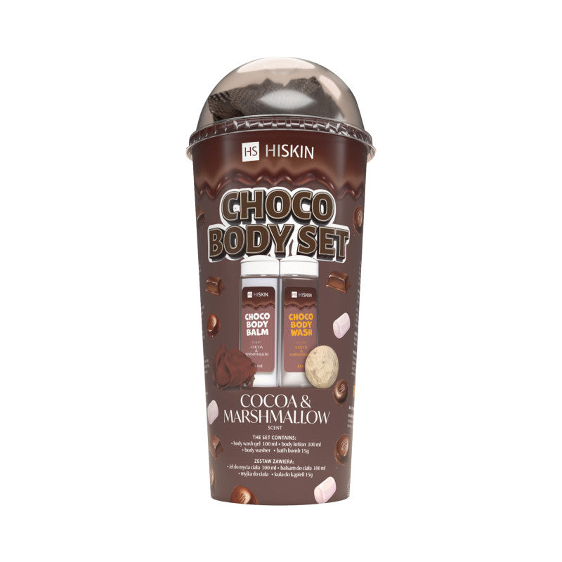 HISKIN BODY CHOCO Coffret de bain en tube gel douche 100 ml + lait corps 100 ml + gant de toilette + boule 15 g