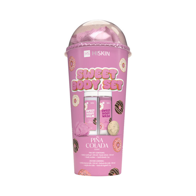 HISKIN BODY SWEET SET Coffret de bain en tube gel douche 100 ml + lait corps 100 ml + gant de toilette + boule 15 g