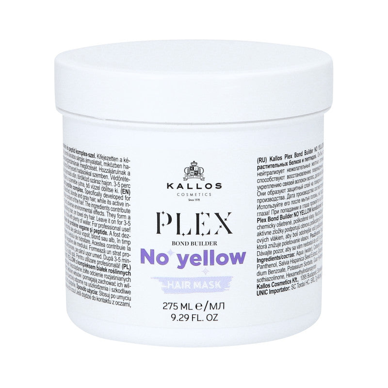 KALLOS PLEX NO YELLOW Masque pour cheveux blonds avec un complexe de protéines végétales et de peptides 275 ml