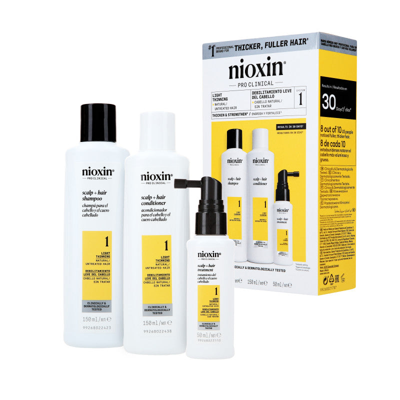 NIOXIN PRO CLINICAL 1 Kit de soins en trois étapes pour cheveux naturels et légèrement clairsemés (2 x 150 ml + 50 ml)